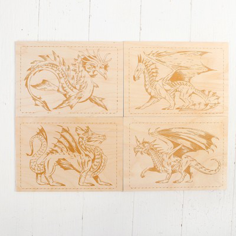 Доски для выжигания, 4 шт.: 19 × 13 см, серия "Драконы" + 1 чистая доска