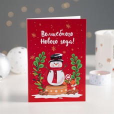 Открытка 4 шоколадки "Волшебного Нового года" (снеговик на красном фоне)